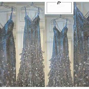Don’t Procrastinate–Silver Embellished Beaded & Feather Gown–Homecoming/Prom